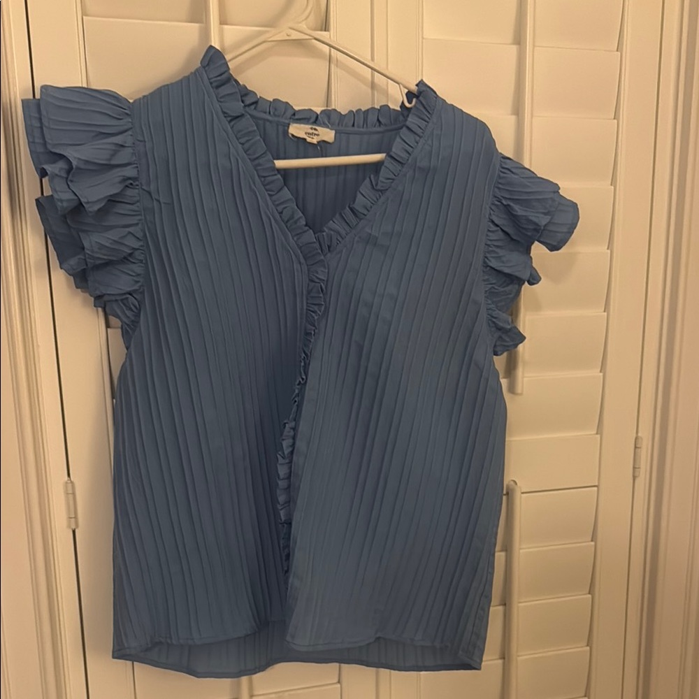Blue Ruffled V-Neck Top